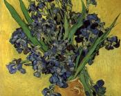 黄色背景中的紫色鸢尾花 - 文森特·威廉·梵高